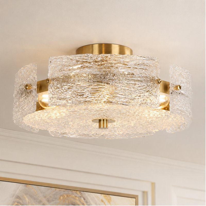 Modern Glam 16 in. Crystal Plating Brass 4-Light Semi-Flush Mount Light with Textured Glass Shades for Foyer, Bedroom