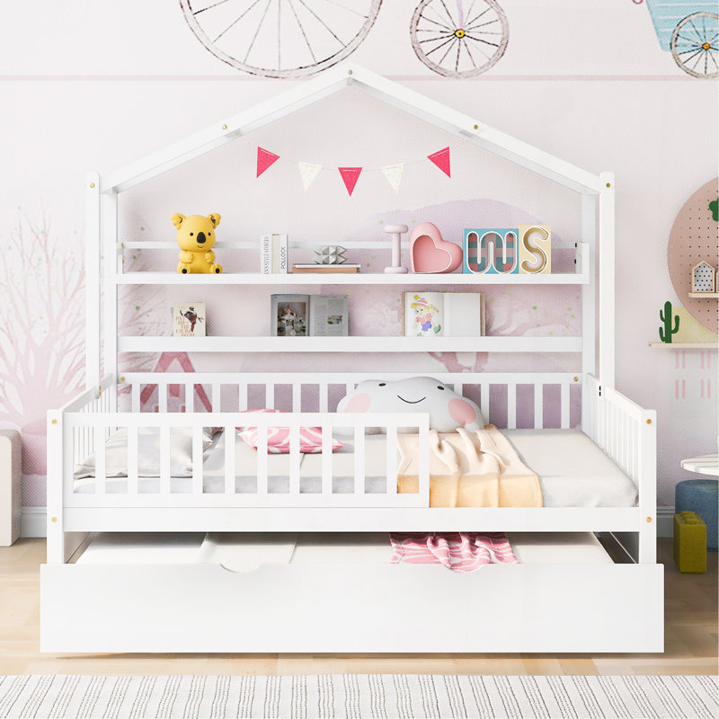Wooden Full Size House Bed With Twin Size Trundle,Kids Bed With Shelf, White, Full 