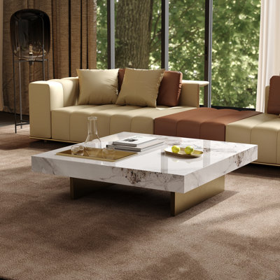 Tables basses luxueuses de style carrée en faux marbre de 42 po avec 2 pattes en acier inoxydable lustrées et pieds dorés avec plateau et patins en silicone