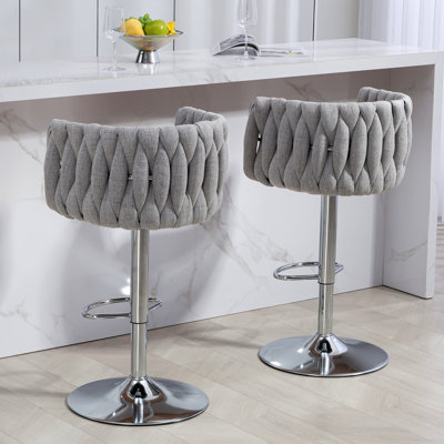 360° Fabric Cover Swivel Bar Stools Set Of 2, Adjustable Counter Height Bar Chairs With Woven Back & Footrest,Silver Chromed  Bar Stools