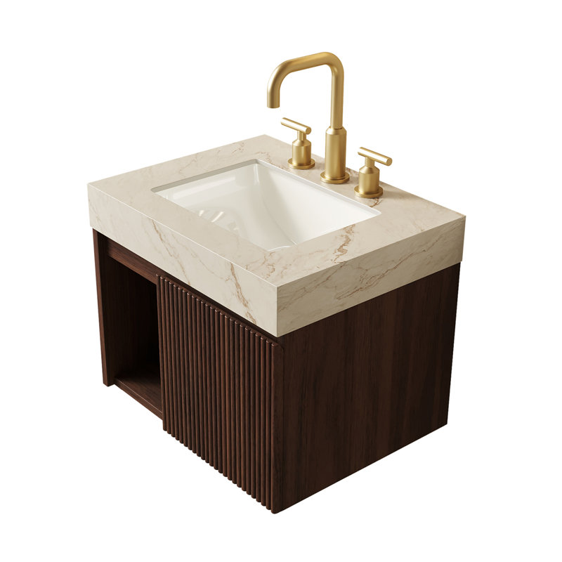 24 po Meuble-lavabo flottant avec lavabo en céramique et plateau en pierre frittée