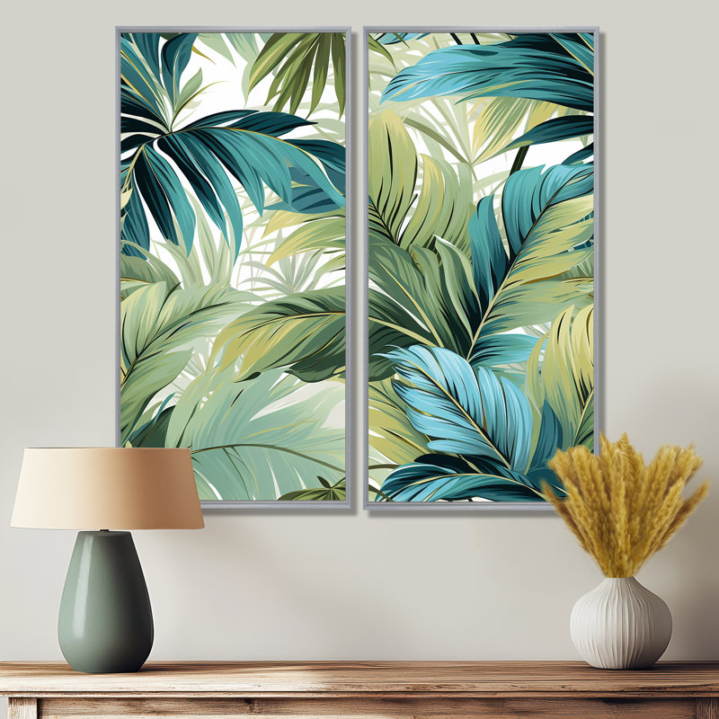 Palmier, motif tropical - art mural vert, H 32 po x l 32 po, Argent argent, Reproduction encadrée sans passe-partout