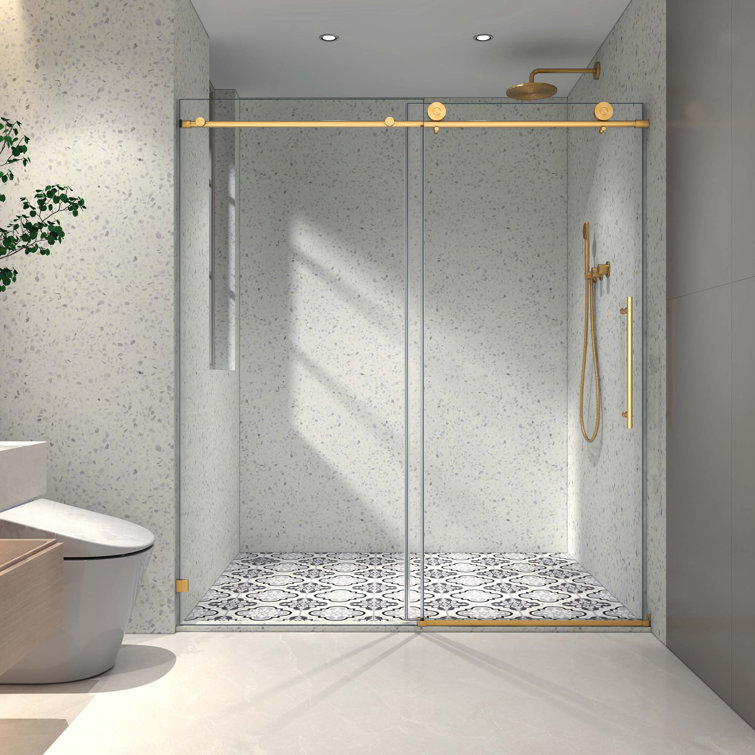 Brushed Nickel Frameless One Fixed And One Shifted Shower Door,Stainless Steel Large Pulleys With Adjustable Soft Closing Function