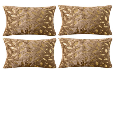 Ensemble de 4 coussins décoratifs en fausse fourrure à motif de plumes dorées (insert inclus)