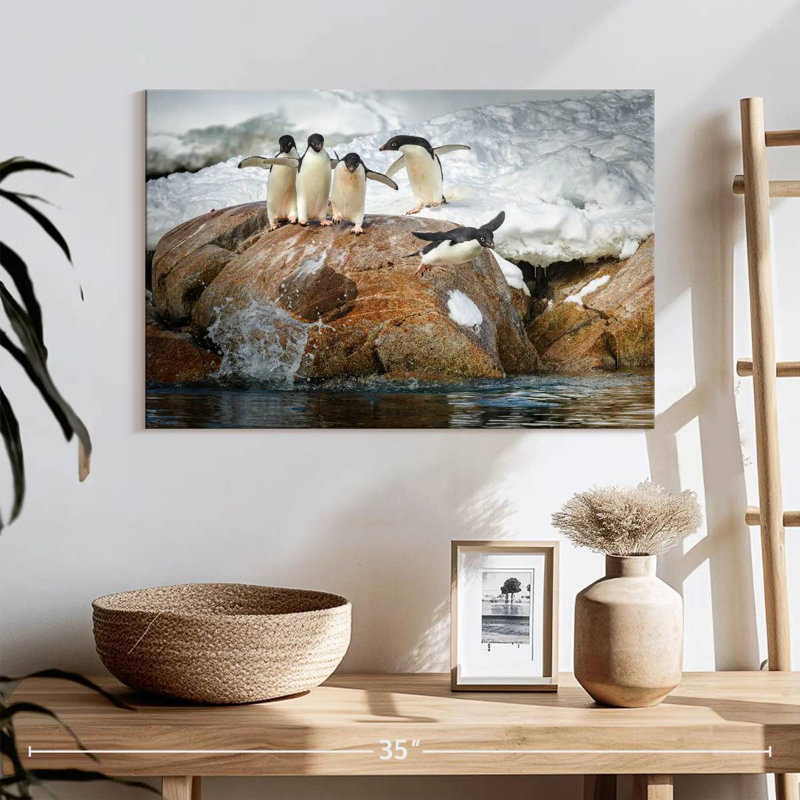 Penguins Diving Into Water, 16" H x 24" W
