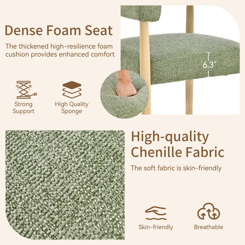 Upholstered Side Dining Armchair With Solid Wood Legs, Green