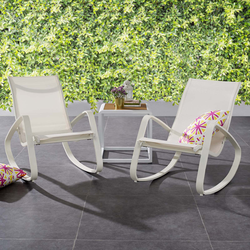 White Aluminum Mesh Rocking Lounge Chairs with Armrests, Set of 2