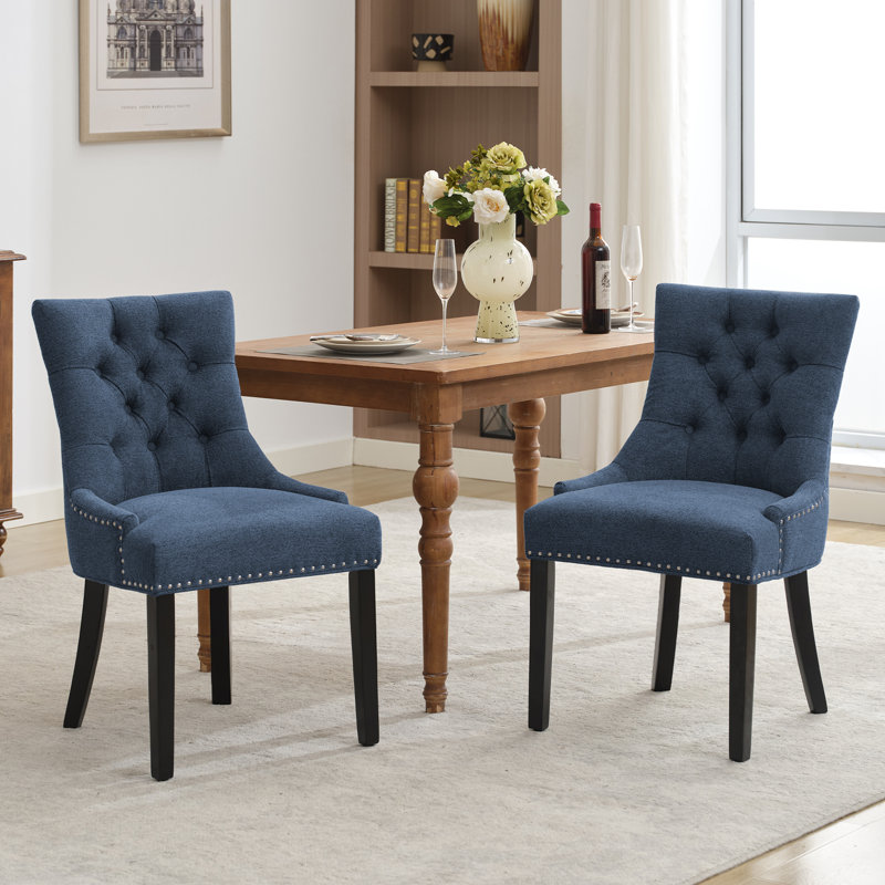 Berenis Tufted Linen Upholstered Elegant Dinning Chair, Blue, Black