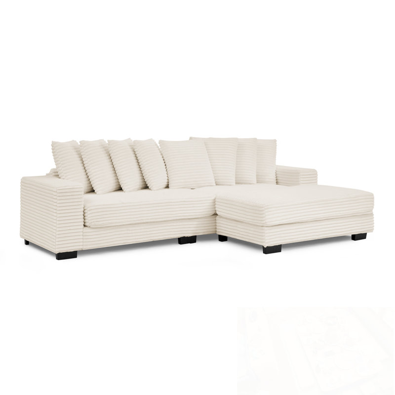 L-Shaped Sectional Sofa With 8 Pillows And Ottoman, Beige Corduroy