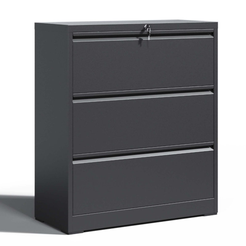 Black Steel 3-Drawer Lockable Lateral Filing Cabinet