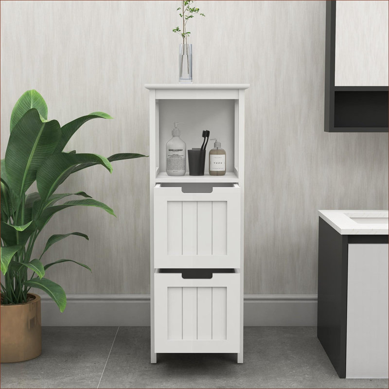 Armoires | Armoire de rangement autoportante pour plancher de salle de bain, 2 tiroirs et 1 tablette de rangement ouverte, qualité E1, blanc neige | Panneau de fibres à densité moyenne | Moderne