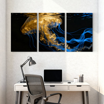Golden Jellyfish Blue Tentacles Dark Background Set of 3 Canvas Wall Art Prints