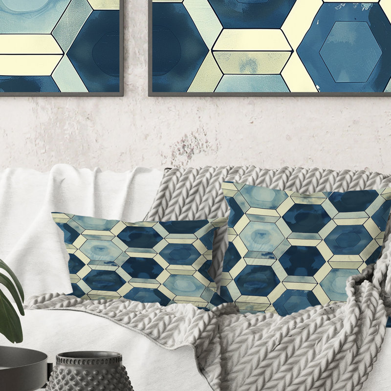 Coussin lombaire Mid-Century à imprimé hexagonal bleu et beige Midcentury