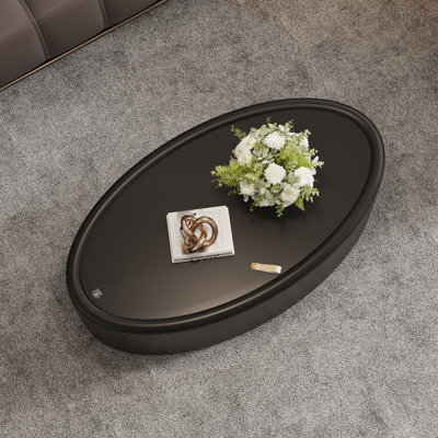 Table basse de rangement ovale cachée 33,46 po - Plateau en verre trempé certifié 3C et cuir noir de qualité supérieure, table basse de rangement moderne pour le salon