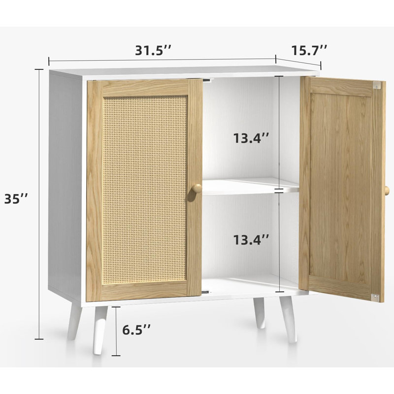 Armoire de rangement 2 portes en rotin, console de buffet en bois avec tablettes pour le rangement de la cuisine et du vestibule
