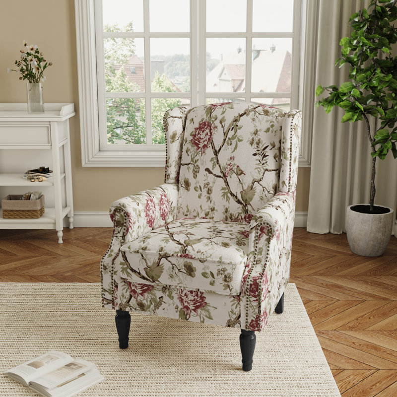  Duward Beige Floral Upholstered Wingback Accent Chair with Nailhead Trim, Floral Bird Beige 
