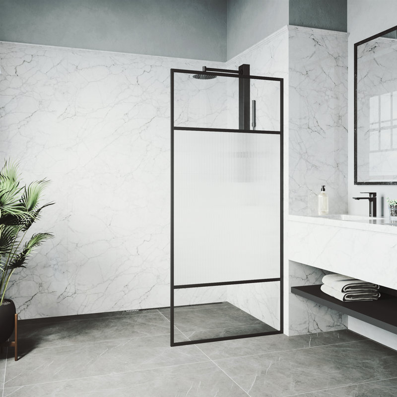 Essex 34" W x 74" H Fixed Framed Shower Screen with 3/8" Striped Fluted Glass, Matte Black