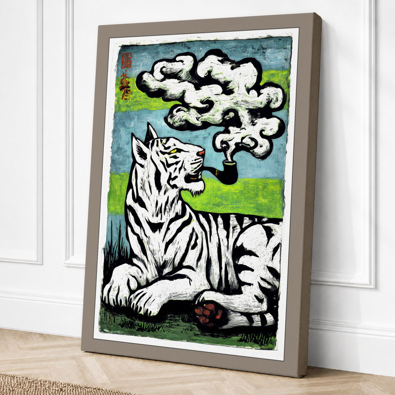 Resting Tiger Japandi - Print, 30x20 - 76.2 x 50.8 cm, Taupe Border