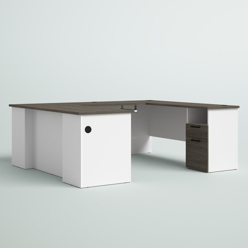 Bureau de direction en U réversible avec prises intégrées Ocke, Noyer gris / blanc