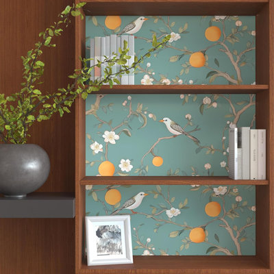 Vintage Green Floral Peel And Stick Wallpaper, Birds & Orange Fruits Design, 17.5" X 393.7", Self-Adhesive Waterproof Contact Paper For Walls, Cabinets, Drawers, Tables, Shelves, Easy To Install & Remove
