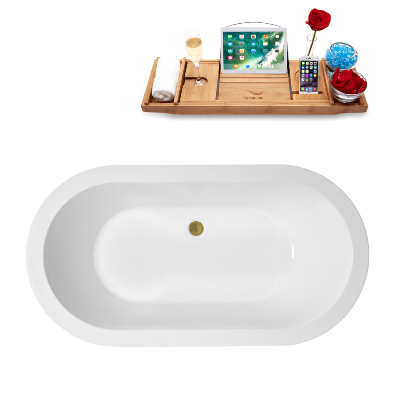 59" Streamline Soaking Glossy White Freestanding Tub and Tray With Internal Drain, Brushed Gold