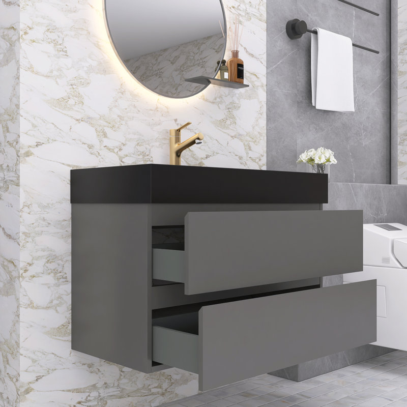 Meuble-lavabo simple Nihat, Noir mat, Gris