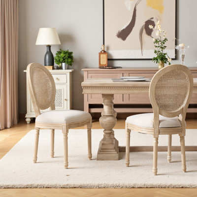 Amando High-End Beige French Country Dining Chairs, Upholstered Chairs With Natural Rattan Back, Wire Drawing And Carving Techniques