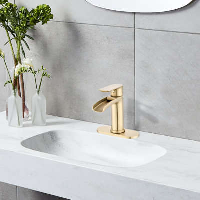 Robinet de salle de bain - Poignée simple cascade or brossé avec plaque de pont et trop-plein