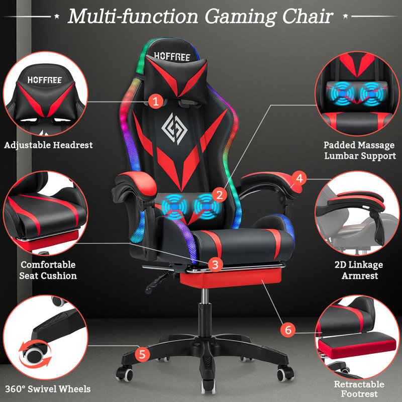 Red and Black Faux Leather Ergonomic Gaming Chair with Bluetooth Speakers and RGB LED Lights
