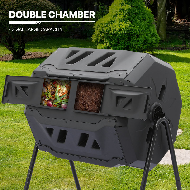 43 Gallon Black Dual Chamber Rotating Compost Tumbler with Gloves