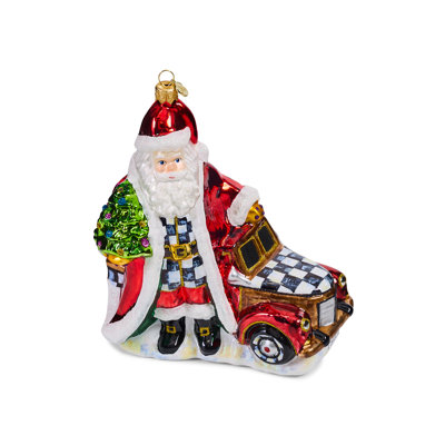 Santa With Truck Glass Ornament