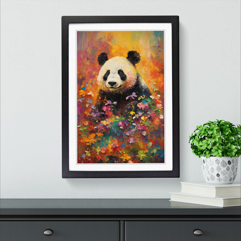 Panda Impressionism - Single Picture Frame Print on Wood, 46cm H x 34cm W x 2cm D, Black Framed