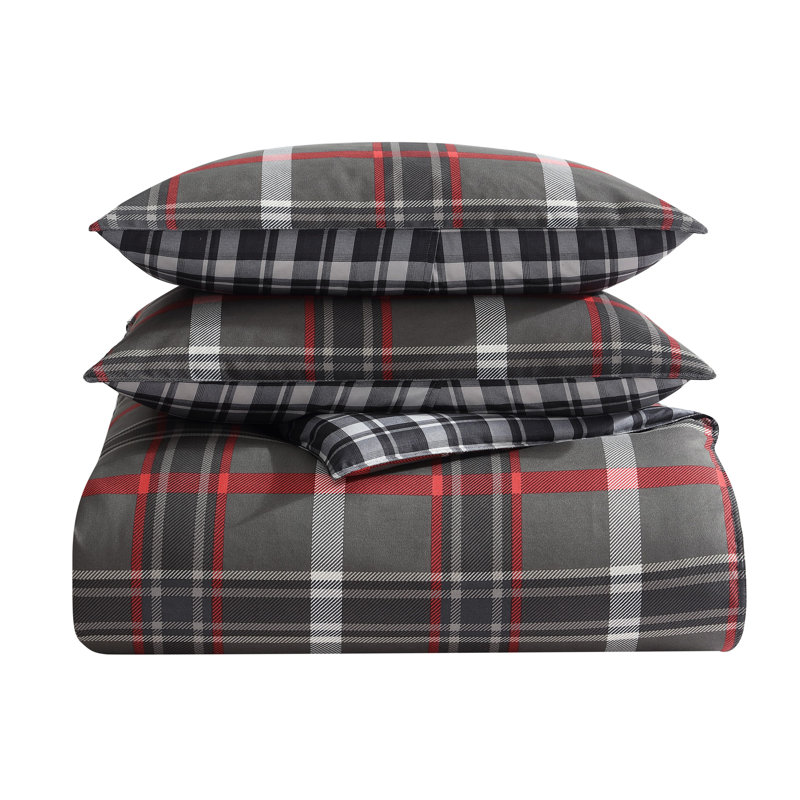 Willow Plaid Reversible Gray and Red Microfiber Queen Duvet Set