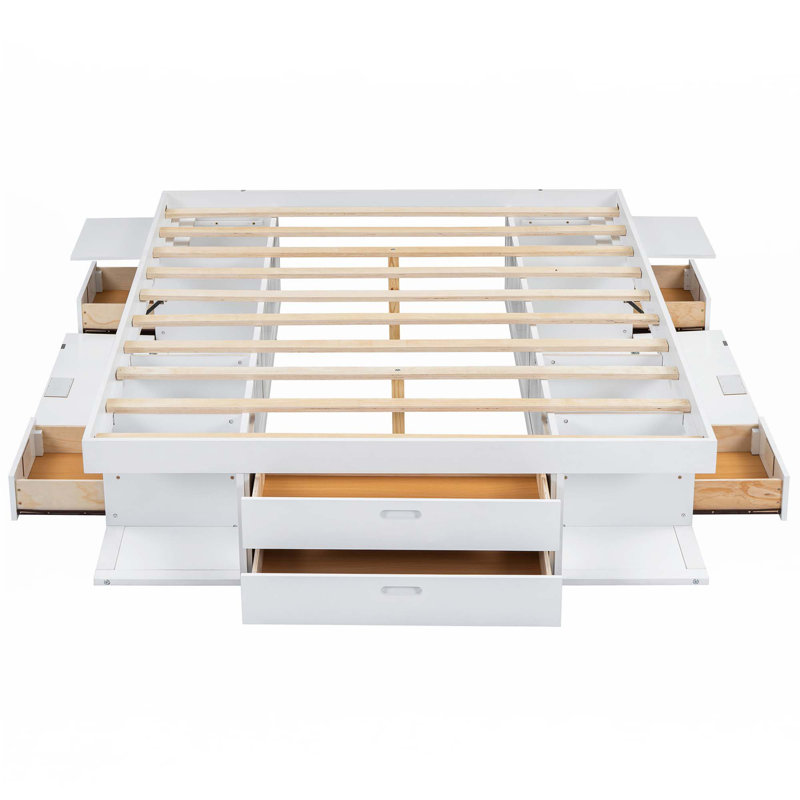 Base de lit plateforme de rangement avec plusieurs tiroirs et tablettes
