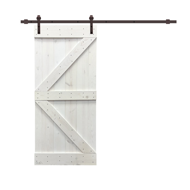 Porte de grange en panneau de bois et métal peint avec ensemble de quincaillerie d’installation, 42 po x 84 po, Blanc