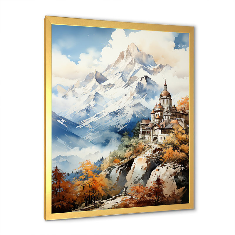 Château dans les Alpes françaises sur toile, Cadre photo doré simple, H 40 po x l 30 po x P 1,5 po