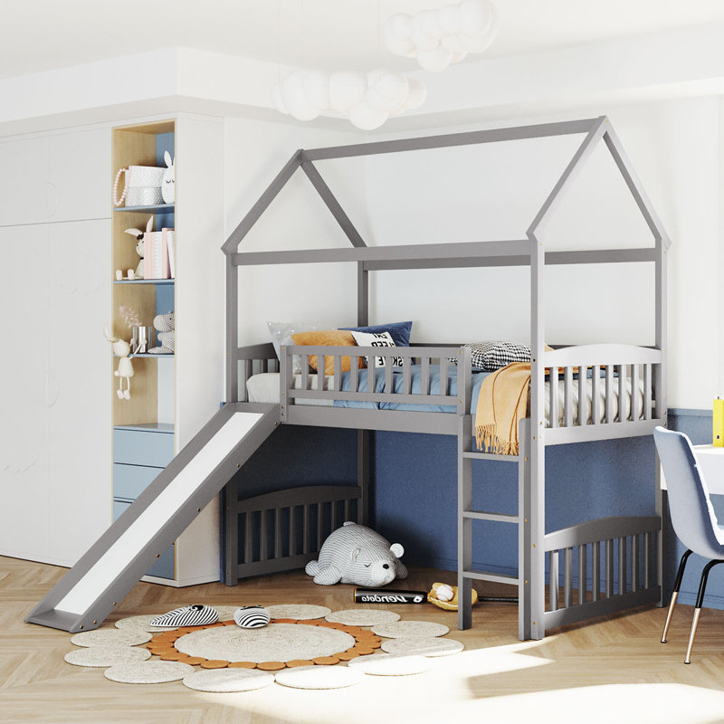 House Loft Bed With Slide, Twin Size, Gray