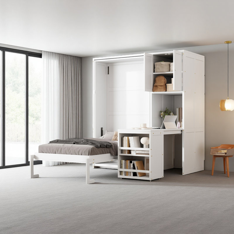 Lit escamotable simple avec bureau roulant, armoire de rangement et bibliothèque, Blanc