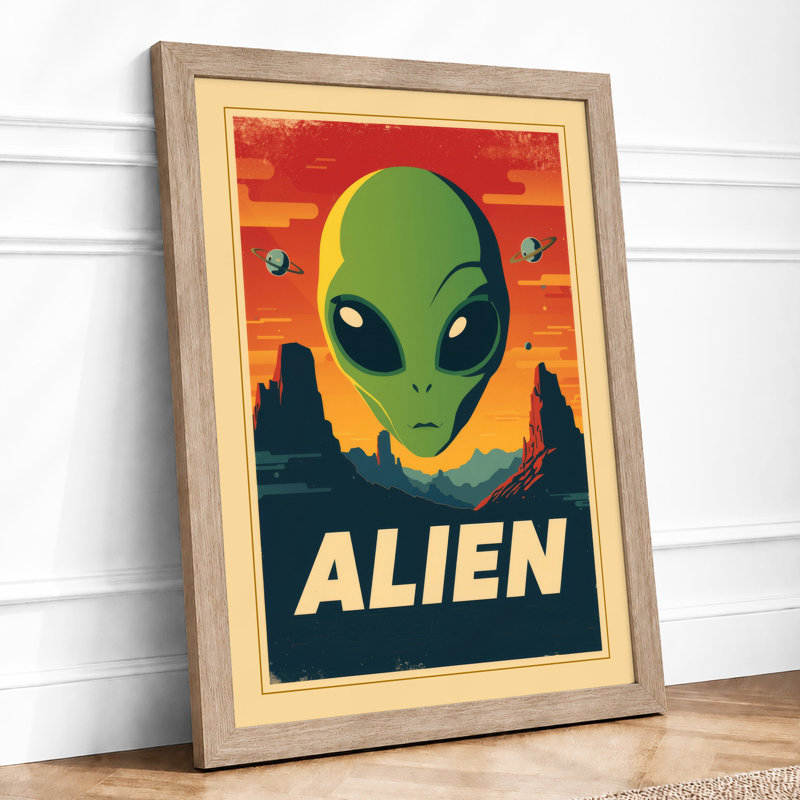 Alien Visitor Retro - Framed Print, A4 - 29.7 x 21.0 cm, Oak