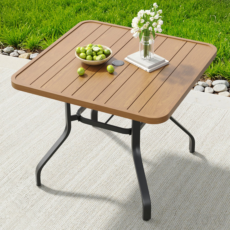 Outdoor Patio Dining Table With 1.57" Umbrella Hole, 35"X35" Wood-Like Texture, All-Weather Metal Frame For Poolside, Deck, Porch