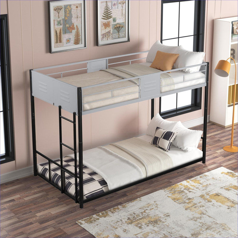 Classic black compact separable twin over twin metal platform bunk bed with safety guardrail