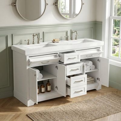 Meuble-lavabo double transitionnel 59 po avec lavabo SMC 59 po, armoire de rangement en panneau de fibres à densité moyenne avec 5 tiroirs à fermeture en douceur et tablette réglable (blanc)
