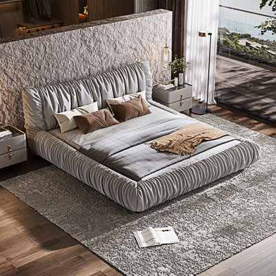 Lit plateforme tapissier très grand de luxe avec coussin amovible surdimensionné et structure de lit en bois de pin massif