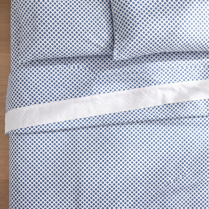 Emma 300 Thread Count Geometric Egyptian-Quality Cotton Sateen Fitted Sheet, King Fitted Sheet, Blue