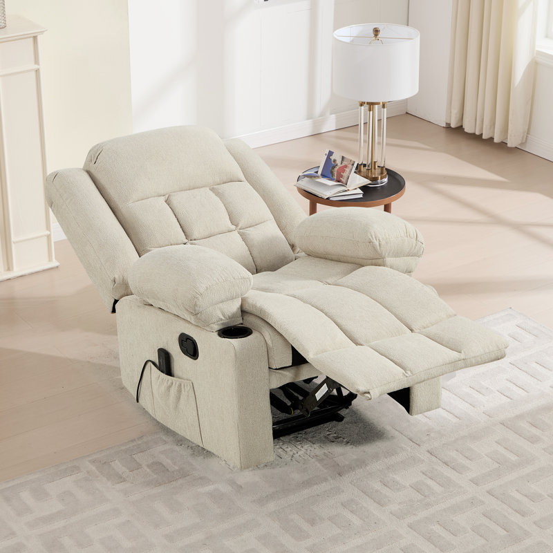 Fauteuil inclinable chauffant manuel de 34,65 po de largeur à massage manuel doux avec porte-gobelets et télécommande, Beige