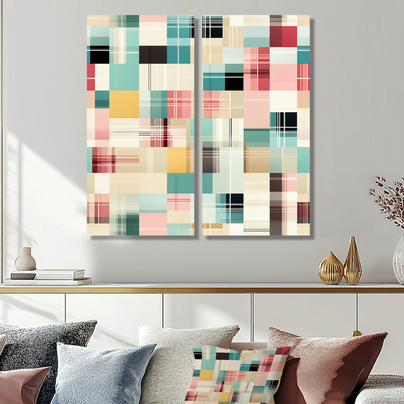Motif rétro à carreaux pastel 2 pièces, H 32 po x l 32 po, Toile tendue sur cadre, Ne s’applique pas