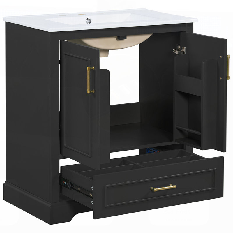 Meuble-lavabo de 30 pouces avec lavabo en céramique, panneau de fibres à densité moyenne et cadre en bois massif, tiroir et portes à fermeture en douceur