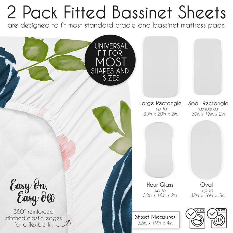 Ensemble de 2 draps-housse pour bébé landau aquarelle floral bleu marine et rose par Sweet Jojo Designs