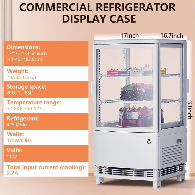 Réfrigérateur commercial de comptoir commercial, vitrine réfrigérée de 2,0 pieds cubes avec éclairage DEL, porte verrouillable, tablettes réglables pour pâtisserie, gâteau, collation, boisson