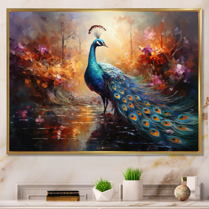 «Peacock Expressionist Portrait II», art mural sur toile paon, H 24 po x l 32 po x P 1 po, Cadre flottant doré